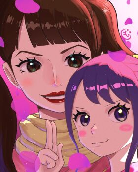 2girls brown_eyes brown_hair closed_mouth falling_petals highres kurozumi_tama multiple_girls one_piece onepiece_banbi petals purple_eyes purple_hair red_lips shinobu_(one_piece) smile twintails