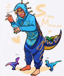 Rule 34 | 1boy, absurdres, artist name, bandaid, bandaid on cheek, bandaid on face, barefoot, blonde hair, blue hood, character name, claw pose, commentary, cracked skin, diego brando, dinosaur, dinosaur costume, dinosaur tail, english commentary, fangs, fingernails, full body, green eyes, green nails, heart, highres, huyandere, jojo no kimyou na bouken, male focus, onesie, open mouth, scary monsters (stand), sharp fingernails, signature, smile, solo, steel ball run, tail