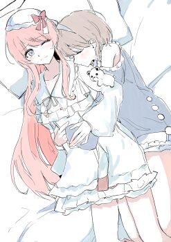 2girls absurdres bang_dream! bang_dream!_it&#039;s_mygo!!!!! blue_shirt blush bow chihaya_anon closed_mouth commentary_request cuddling grey_eyes grey_hair highres hug hug_from_behind long_hair long_sleeves multiple_girls on_bed one_eye_closed pillow pink_hair red_bow shirt short_hair sleeping suudori takamatsu_tomori white_shirt yuri