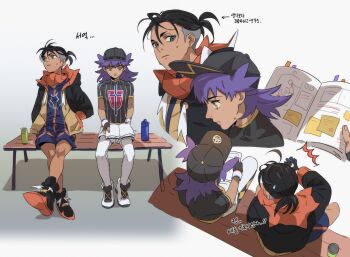 2boys aged_down arrow_(symbol) bench black_hair black_hat black_hoodie black_shoes book bottle ch_walnut champion_uniform commentary crossed_legs hat highres holding holding_book hood hoodie knees korean_text leggings leon_(pokemon) male_focus multiple_boys multiple_views nintendo open_clothes open_hoodie pokemon pokemon_swsh purple_hair raihan_(pokemon) shirt shoes short_hair short_sleeves shorts sitting tassel translation_request white_leggings white_shorts