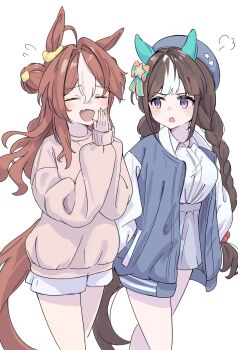2girls ahoge alternate_costume animal_ears beret blue_jacket blush bow braid breasts brown_hair closed_mouth copano_rickey_(umamusume) double_bun ear_covers ear_scrunchie fang grey_skirt hair_between_eyes hair_bun hands_in_pockets hat highres hokko_tarumae_(umamusume) horse_ears horse_girl horse_tail jacket long_braid long_hair looking_at_another medium_breasts multicolored_hair multiple_girls nazmocha open_clothes open_jacket open_mouth pink_sweater purple_eyes scrunchie shirt shorts simple_background skin_fang skirt smile striped_bow striped_hair sweater tail twin_braids umamusume white_background white_hair white_shirt white_shorts