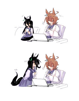 2girls absurdres agnes_tachyon_(umamusume) animal_ears blonde_hair bow bowtie brown_hair chair computer crossed_arms desk gachitamago hair_between_eyes highres horse_ears horse_girl horse_tail laptop long_bangs long_hair long_hair_between_eyes manhattan_cafe_(umamusume) multiple_girls on_chair pleated_skirt purple_sailor_collar purple_shirt purple_skirt sailor_collar school_uniform shirt short_hair simple_background sitting skirt sleeping tail tracen_school_uniform umamusume very_long_hair white_background white_bow white_bowtie