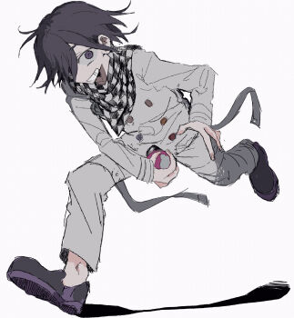 1boy buttons checkered_clothes checkered_scarf commentary_request danganronpa_(series) danganronpa_v3:_killing_harmony dynamic_pose explosive flipped_hair grenade grin hair_between_eyes highres holding holding_grenade long_sleeves looking_at_viewer male_focus multicolored_buttons muted_color oma_kokichi pants purple_eyes purple_hair running scarf short_hair simple_background smile solo two-tone_scarf wa_noko white_background white_pants wide-eyed