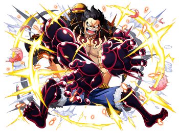 1boy abs attack barefoot black_hair blue_shorts bodskih full_body gear_fourth gear_fourth:_boundman haki_(one_piece) hat jumping looking_at_viewer monkey_d._luffy muscular non-web_source official_art one_piece one_piece_treasure_cruise open_clothes open_mouth open_shirt scar scar_on_chest shiny_skin short_hair shorts solo steam straw_hat transparent_background unworn_hat unworn_headwear