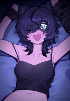 @_@ adversarial_noise animal_ears black_camisole black_hair blush breasts camisole ear_piercing earrings hand_warmer highres jewelry lying midriff multiple_earrings navel navel_piercing on_back on_bed original piercing raccoon_ears raccoon_girl snuffy_(vtuber) virtual_youtuber yoako
