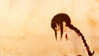 10s 1girl akemi_homura black_hair bow braid female_focus flashback glasses hairband long_hair mahou_shoujo_madoka_magica mahou_shoujo_madoka_magica_(anime) oka_(umanihiki) profile red-framed_eyewear school_uniform semi-rimless_eyewear simple_background solo spoilers twin_braids under-rim_eyewear