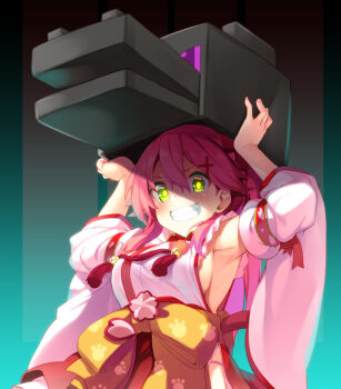 1girl armpits breasts carrying carrying_overhead detached_sleeves dodome-iro_mayonnaise ender_dragon green_eyes hair_between_eyes hair_ornament hairclip hololive minecraft paw_print paw_print_pattern pink_hair sakura_miko sakura_miko_(1st_costume) shadow sideboob teeth virtual_youtuber x_hair_ornament