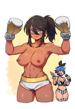 >:) 2girls arms_up bare_shoulders black_hair blue_eyes boxing_gloves breasts cleavage closed_mouth collarbone commentary cropped_legs dark-skinned_female dark_skin dif_(difman) difman english_commentary fingerless_gloves gloves grey_gloves hair_between_eyes highres looking_at_viewer medium_breasts multiple_girls nipples original ponytail short_shorts shorts smile solo_focus striped_clothes striped_thighhighs sweat thighhighs topless_female v-shaped_eyebrows vertical-striped_clothes vertical-striped_thighhighs white_background white_shorts