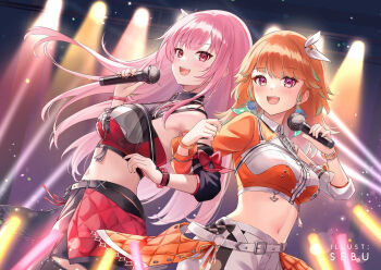 2girls breasts detached_sleeves earrings feather_earrings feathers holding holding_microphone hololive hololive_english hololive_idol_uniform_(color_rise) idol_clothes jewelry long_hair microphone midriff mori_calliope multicolored_shirt multiple_girls official_alternate_costume open_mouth orange_hair pink_eyes pink_hair purple_eyes revision sebu_illust single_detached_sleeve smile stage takanashi_kiara virtual_youtuber