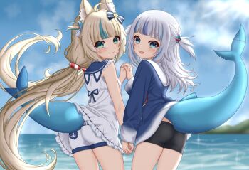 2girls :3 ahoge animal_ear_fluff animal_ears azunyart beach bike_shorts black_shorts blonde_hair blue_jacket blue_nails blue_sailor_collar blue_sky blue_streaks blue_trim blunt_bangs blush cat_ears closed_mouth cowboy_shot day dot_nose dress fang fins fish_girl fish_tail frilled_dress frilled_sailor_collar frills from_behind gawr_gura gawr_gura_(1st_costume) hair_ornament highres holding_hands hololive hololive_english indie_virtual_youtuber jacket lifebuoy_hair_ornament looking_at_viewer low_twintails multicolored_hair multiple_girls notched_tail ocean open_mouth outdoors sailor_collar sameko_saba sameko_saba_(1st_costume) shark_girl shark_hair_ornament shark_tail sharp_teeth shorts side-by-side single_hair_streak sky streaked_hair tail teeth thighs twintails virtual_youtuber voice_actor_connection white_dress white_hair white_shorts
