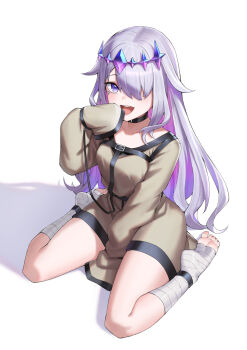 1girl :d absurdres bandaged_foot bandages between_legs brown_dress colored_inner_hair commentary dress feet full_body gem gradient_hair hair_flaps hair_over_one_eye hand_between_legs hand_up hashtag-only_commentary highres hololive hololive_english jewel_under_eye koseki_bijou long_hair long_sleeves looking_at_viewer multicolored_hair no_shoes open_mouth pink_hair prison_clothes purple_eyes purple_gemstone purple_hair short_dress sidelocks simple_background sitting sleeves_past_fingers sleeves_past_wrists smile soles solo teeth toes upper_teeth_only very_long_hair virtual_youtuber wariza white_background yubaest