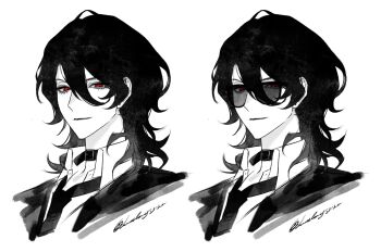 1boy belt_collar black_hair black_necktie black_shirt collar collared_shirt ensemble_stars! grey-tinted_eyewear hair_between_eyes highres looking_at_viewer lunaticotat male_focus medium_hair necktie portrait red_eyes sakuma_rei_(ensemble_stars!) shirt signature simple_background sunglasses tinted_eyewear variations wavy_hair white_background