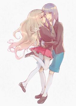 Rule 34 | 1boy, 1girl, androgynous, blazer, blue necktie, blue shorts, blush, brown jacket, collared shirt, facing another, fujisaki nagihiko, highres, jacket, kneehighs, long hair, long sleeves, mashiro rima, necktie, pantyhose, red skirt, school uniform, seiyo academy school uniform, shirt, shorts, shugo chara!, signature, skirt, socks, waka ryou, wavy hair, white background, white pantyhose, white shirt, white socks, yellow eyes