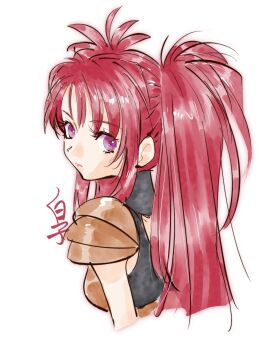 1girl armor closed_mouth commentary_request highres long_hair looking_at_viewer midriff nanaly_fletch pink_lips purple_eyes red_hair shirako_(kirupi) simple_background solo tales_of_(series) tales_of_destiny tales_of_destiny_2 twintails white_background