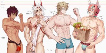 Rule 34 | 4boys, abs, absurdres, animal ears, aqua male underwear, arataki itto, arm tattoo, bana gameg, blonde hair, blue eyes, brown hair, bulge, cow boy, cow ears, cow horns, dark-skinned male, dark skin, dehya (genshin impact), demon horns, facial mark, genderswap, genderswap (ftm), genshin impact, highres, holding, holding sack, horns, long hair, male focus, male underwear, multicolored hair, multiple boys, muscular, muscular male, navel, neck tattoo, nipples, open mouth, pink hair, red eyes, sack, short hair, stomach, streaked hair, tattoo, topless male, underwear, varesa (genshin impact), varka (genshin impact), white hair