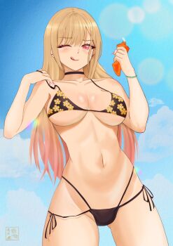 1girl ;q bikini black_bikini black_choker blonde_hair blue_sky bottle breasts choker cleavage cloud collarbone day ear_piercing earrings gradient_hair hanabi_(albipink) highres holding holding_bottle jewelry kitagawa_marin lens_flare long_hair looking_at_viewer lotion_bottle medium_breasts multicolored_hair navel one_eye_closed outdoors piercing pink_eyes sky solo sono_bisque_doll_wa_koi_wo_suru standing stomach sunlight swimsuit tongue tongue_out very_long_hair