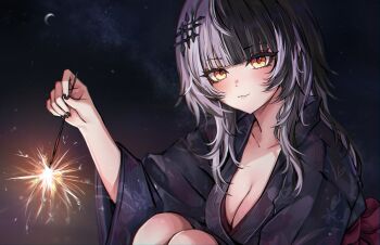 1girl absurdres black_hair black_kimono black_nails blush breasts cleavage closed_mouth commentary crescent_moon english_commentary fireworks grey_hair hair_ornament highres holding holding_fireworks hololive hololive_english japanese_clothes kimono large_breasts long_hair looking_at_viewer mokiemokki moon multicolored_hair nail_polish night outdoors senkou_hanabi shiori_novella smile solo sparkler split-color_hair star_(sky) two-tone_hair virtual_youtuber wide_sleeves yellow_eyes