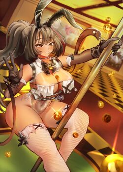 1girl absurdres animal_ears bare_shoulders bay_(nikke) bay_(radiant_rabbit)_(nikke) black_hair breast_curtains breasts fake_animal_ears goddess_of_victory:_nikke highres large_breasts leotard looking_at_viewer mogurageneral official_alternate_costume playboy_bunny pole_dancing revealing_clothes see-through_clothes see-through_leotard shrug_(clothing) thick_thighs thighhighs thighs white_thighhighs