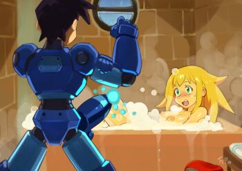 1boy 1girl android bad_id bad_twitter_id bath bathroom bathtub blush brown_hair bubble_bath cannon capcom clenched_hand green_eyes implied_erection joints looking_at_another mega_man_(series) mega_man_legends_(series) mega_man_legends_3 mega_man_volnutt nipples nude optionaltypo phallic_symbol powering_up reclining robot_joints roll_caskett_(mega_man) walk-in