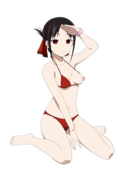 1girl absurdres bikini bikini_top_lift black_hair bracelet breasts clothes_lift collarbone coro_fae dot_nose feet folded_ponytail hair_ornament hair_ribbon highres jewelry kaguya-sama_wa_kokurasetai_~tensai-tachi_no_renai_zunousen~ kneeling long_hair navel nipple_slip nipples one_breast_out parted_lips red_bikini red_eyes red_ribbon ribbon shinomiya_kaguya sidelocks simple_background sitting small_breasts smile stomach swimsuit thighs white_background