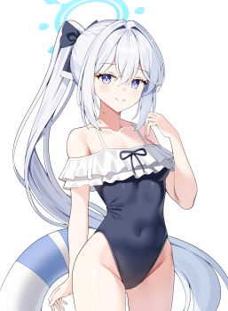 1girl absurdres bare_shoulders black_bow blue_archive blue_halo blue_one-piece_swimsuit bow breasts casual_one-piece_swimsuit closed_mouth collarbone commentary covered_navel cowboy_shot frilled_one-piece_swimsuit frills groin hair_between_eyes hair_bow hair_intakes halo hand_up highleg highleg_one-piece_swimsuit highres innertube long_hair looking_at_viewer miyako_(blue_archive) miyako_(swimsuit)_(blue_archive) ocean off-shoulder_one-piece_swimsuit off_shoulder one-piece_swimsuit ponytail purple_eyes sidelocks simple_background small_breasts smile sob_(submar1089) solo swim_ring swimsuit very_long_hair white_background white_hair