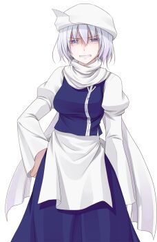 Rule 34 | 1girl, blue skirt, blue vest, breasts, clenched teeth, commentary request, cowboy shot, crote, furrowed brow, grin, hair between eyes, half-closed eyes, hand on own hip, hat, highres, lapel pin, large variant set, letty whiterock, long sleeves, looking at viewer, medium breasts, mob cap, parted lips, purple eyes, purple hair, scarf, shaded face, shirt, short hair, skirt, smile, solo, standing, tachi-e, teeth, touhou, transparent background, variant set, vest, white hat, white scarf, white shirt