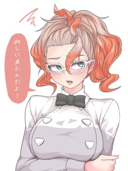 1girl ahoge arm_under_breasts black_bow black_bowtie blonde_hair blue_eyes blush border bow bowtie breasts closed_mouth collared_shirt glasses griselle_(pokemon) hair_between_eyes kuroba_rapid large_breasts looking_to_the_side multicolored_hair nintendo open_mouth pensive pokemon pokemon_legends:_z-a red_hair shirt sweatdrop team_flare team_flare_uniform translation_request white-framed_eyewear