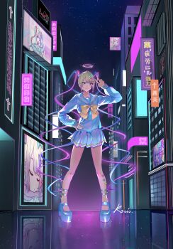 1girl absurdres backlighting blonde_hair blue_eyes blue_hair blue_serafuku blunt_bangs bow chest_bow chouzetsusaikawa_tenshi-chan city colored_tips commentary_request full_body hair_bow halo hand_on_own_hip highres kosiokkk multicolored_hair multiple_hair_bows needy_girl_overdose official_art_inset pigeon-toed pink_hair platform_sandals quad_tails reflective_floor road sandals school_uniform serafuku sidelocks solo standing street translation_request v