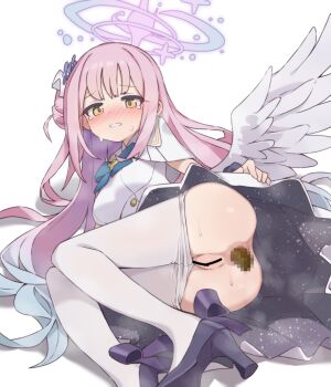 1girl :d ^^^ aku0 anus ass ass_focus bar_censor black_shoes blue_archive blue_bow blue_bowtie blue_hair blue_halo blush blush_visible_through_hair bow bowtie breasts buttons censored clothes_pull collared_dress commentary crying crying_with_eyes_open dark_anus defecating dilated_pupils dress embarrassed feathered_wings flower foot_out_of_frame footwear_bow foreshortening gold_buttons gradient_hair grimace hair_behind_ear hair_bun hair_flower hair_ornament hair_spread_out halo high_heels highres knees_together_feet_apart long_hair lying mika_(blue_archive) mosaic_censoring multicolored_hair no_panties nose_blush on_side open_mouth pantyhose pantyhose_pull perineum petite pink_hair pink_halo pleated_dress puckered_anus purple_bow purple_flower pussy scat shadow shoes short_dress short_sleeves side_ahoge sidelocks simple_background single_side_bun small_breasts smile solo steaming_body surprised sweat tareme tears tongue two-sided_dress two-sided_fabric two-tone_hair very_long_hair wavy_hair white_background white_dress white_pantyhose white_wings wings yellow_eyes