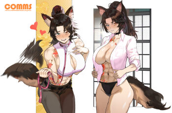 1girl abs absurdres afterimage animal_collar animal_ears arm_tattoo bare_shoulders bdsm belt breasts cleavage_cutout clothing_cutout collar commentary commission crop_top english_commentary facial_mark fangs flower_tattoo furrowed_brow heart heterochromia highres holding_own_leash indie_virtual_youtuber lady_qathrin_(vtuber) large_breasts leaning_forward leash long_hair looking_at_viewer multiple_views offering_leash park_ongjol parted_bangs pet_play ponytail shirt slave sleeveless solo stomach_tattoo tail tail_wagging tattoo virtual_youtuber white_shirt wolf_ears wolf_girl wolf_tail
