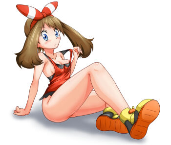 Rule 34 | 1girl, areola slip, bare shoulders, blue eyes, blush, bow, breasts, brown hair, cleavage, clothes lift, full body, hair bow, looking at viewer, may (pokemon), medium breasts, nintendo, ossannoa, pokemon, pokemon oras, red bow, red shirt, shirt, shirt lift, shoes, shorts, sideboob, sitting, sleeveless, sleeveless shirt, solo, sweatdrop, unworn shorts, white background, yellow shoes