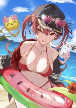 1girl bare_shoulders baseball_cap beach bikini black_jacket black_ribbon blue_sky blush breasts cleavage_cutout clothing_cutout collar cup drink earrings eyewear_on_head gold_earrings gold_necklace gold_trim hair_between_eyes hair_ribbon halterneck hashtag-only_commentary hat heart heart-shaped_eyewear heart_necklace heterochromia highres holding holding_cup holding_drink holding_swim_ring hololive houshou_marine houshou_marine_(summer) innertube jacket jacket_on_shoulders jacket_over_swimsuit jewelry large_breasts long_hair looking_at_viewer medium_breasts multicolored_jacket navel necklace official_alternate_costume open_clothes open_jacket open_mouth pa_factory pink-tinted_eyewear purple-tinted_eyewear red_bikini red_eyes red_hair ribbon skull sky smile solo stomach string_bikini striped_blush summer_uniform sunglasses swim_ring swimsuit thighs tinted_eyewear transparent_innertube twintails two-tone_jacket virtual_youtuber yellow-framed_eyewear yellow_eyes