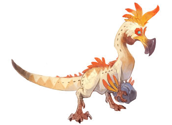 beak blue_eyes closed_mouth digitigrade dinosaur full_body garrett_hanna highres holding holding_rock kulu-ya-ku monster monster_hunter_(series) no_humans orange_feathers rock scales solo tail white_background