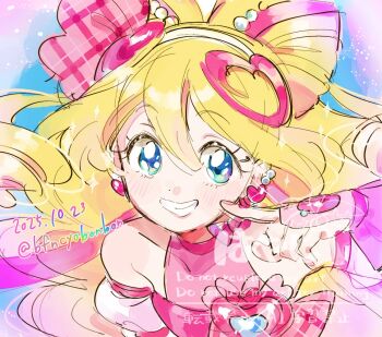 1girl bare_shoulders blonde_hair blue_eyes collarbone cure_idol dated detached_sleeves english_text fingerless_gloves gloves grin hair_between_eyes hair_ornament hand_up hayashi_(kanzume) kimi_to_idol_precure long_hair looking_at_viewer precure smile solo teeth twitter_username upper_body watermark
