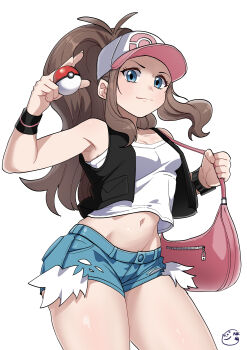 1girl absurdres baseball_cap breasts brown_hair cleavage denim denim_shorts hat high_ponytail highres hilda_(pokemon) holding holding_poke_ball long_hair midriff navel neogul_kim nintendo poke_ball poke_ball_(basic) pokemon pokemon_bw ponytail short_shorts shorts simple_background small_breasts solo thighs very_long_hair white_background wristband