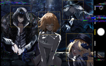 >:) 2boys 2girls ^_^ abigail_williams_(fate) abigail_williams_(first_ascension)_(fate) ahoge antinese bad_id bad_pixiv_id black_hair blonde_hair blue_eyes blue_hairband bow closed_eyes closed_mouth diamond_hairband dress edmond_dantes_(fate) facial_recognition facing_viewer fake_phone_screenshot fake_screenshot fang fate/grand_order fate_(series) forest frown fujimaru_ritsuka_(female) fujimaru_ritsuka_(female)_(decisive_battle_chaldea_uniform) glitch grin hair_bow hairband highres inactive_account long_hair long_sleeves looking_at_viewer multiple_boys multiple_girls multiple_hair_bows nature night oberon_(fate) oberon_(third_ascension)_(fate) open_mouth orange_hair shirt short_hair smile smug standing tree v-shaped_eyebrows white_dress white_shirt