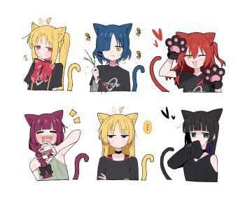 ... 6+girls absurdres ahoge ahoge_wag alcohol_carton animal_ears animal_hands black_bow black_choker black_dress black_hair black_nails black_shirt blonde_hair blue_hair blunt_bangs blush bocchi_the_rock! bow bowtie braid bright_pupils cat_ears cat_girl cat_paws cat_tail cat_teaser choker closed_eyes closed_mouth clothing_cutout collarbone colored_inner_hair commentary_request cropped_torso crossed_arms detached_ahoge dress drink_carton drunk ear_piercing eating expressive_hair fang flower frown gloves green_dress green_eyes hair_bow hair_over_shoulder hand_to_own_mouth hand_up heart highres hiroi_kikuri holding holding_flower ijichi_nijika ijichi_seika kemonomimi_mode kessoku_band kessoku_band_t-shirt kita_ikuyo long_hair long_sleeves looking_at_viewer looking_to_the_side motion_lines multicolored_hair multiple_girls off-shoulder_dress off_shoulder one_eye_closed one_side_up open_mouth pa-san paw_gloves piercing plant print_shirt purple_hair red_bow red_bowtie red_eyes sabi1234 sharp_teeth shirt short_hair short_sleeves shoulder_cutout sidelocks simple_background single_braid sleeves_past_fingers sleeves_past_wrists smile smug speech_bubble spoken_ellipsis sweatdrop tail teeth translated upper_body white_background yamada_ryo yellow_eyes yellow_tail