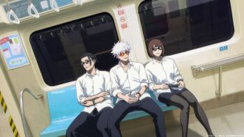 1girl 2boys aged_down black_hair black_pants black_pantyhose black_skirt brown_hair collared_shirt commentary_request copyright_notice couch curtained_hair getou_suguru gojou_satoru ieiri_shoko jujutsu_kaisen looking_to_the_side multiple_boys official_art orange-tinted_eyewear own_hands_together pants pantyhose pencil_skirt round_eyewear shirt short_hair sitting skirt spread_legs studio_mappa tinted_eyewear train_interior white_hair white_shirt