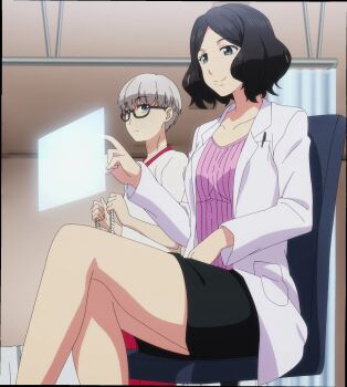 1boy 1girl age_difference anime_screenshot black_hair black_skirt blue_eyes chair coat crossed_legs doctor doi_shouta glasses green_eyes grey_hair highres kirihara_riko lab_coat legs on_chair purple_top short_hair shuumatsu_no_harem sitting skirt smile tagme third-party_edit white_coat