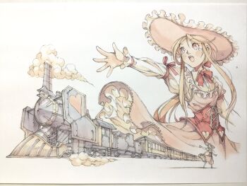 1girl blonde_hair bow bowtie clothes_lift commentary corset cowboy_western different_zoom_layer dress dress_lift flying_teardrops frilled_dress frilled_hat frilled_sleeves frills hair_bow hat heart highres layered_dress locomotive long_dress long_hair long_sidelocks low_ponytail open_hand open_mouth original outstretched_arm peter_salt pink_dress pink_hat ponytail red_bow red_bowtie red_corset red_eyes red_ribbon ribbon sidelocks solo standing steam steam_locomotive sun_hat tears teeth traditional_media upper_teeth_only very_long_hair wind wind_lift zoom_layer