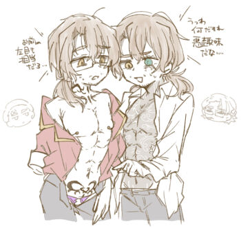 Rule 34 | 4boys, abs, absurdres, ahoge, alternate costume, amputee, asymmetrical bangs, bags under eyes, bare pectorals, beard stubble, belt, belt buckle, black belt, black pants, brown hair, buckle, chest tattoo, chibi, chibi inset, cigar, closed eyes, closed mouth, collarbone, collared jacket, collared shirt, cowboy shot, cropped legs, doodle inset, dual persona, facial hair, facial tattoo, full-body tattoo, glasses, green eyes, gregor (project moon), gunshot wound, hair between eyes, hair down, hair slicked back, hand on own thigh, hand up, heterochromia, highres, implied cuntboy, injury, jacket, kurokumo clan (identity) (project moon), lapels, lily26983455, limbus company, limited palette, long hair, long sleeves, looking at another, looking at crotch, looking at viewer, looking down, low ponytail, male focus, meursault (project moon), middle (identity) (project moon), mouth hold, multiple boys, multiple persona, muscular, muscular male, navel, neck tattoo, nipple piercing, nipples, no eyepatch, notched lapels, off-shoulder jacket, off shoulder, official alternate costume, one-eyed, one eye closed, open clothes, open jacket, open mouth, open shirt, panties, pants, parted bangs, partially undressed, pectorals, piercing, pointing, pointing at another, pointing at crotch, ponytail, project moon, pubic tattoo, purple panties, raised eyebrow, red jacket, scar, scar across eye, scar on chest, scar on face, scar on hand, selfcest, shirt, short hair, simple background, sketch, smile, standing, stomach, stomach tattoo, stubble, sweat, sweatdrop, tattoo, tattoo on neck, thumb (identity) (project moon), toned, toned male, topless male, twinhook pirates (identity) (project moon), underwear, undressing, upper body, veins, veiny eyes, veiny face, white background, yaoi, yellow eyes