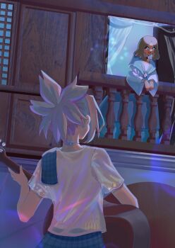 2girls acoustic_guitar amaryllis_(dr._stone) balcony blush brown_hair choker curtains dark-skinned_female dark_skin dr._stone dreadlocks guitar high_ponytail highres holding holding_instrument implied_yuri indoors instrument kohaku_(dr._stone) koharyllis light_blush looking_at_another medium_hair multiple_girls music open_mouth playing_instrument ponytail railing shirt short_sleeves skirt smile spiked_hair star_(symbol) white_choker white_shirt window yuri