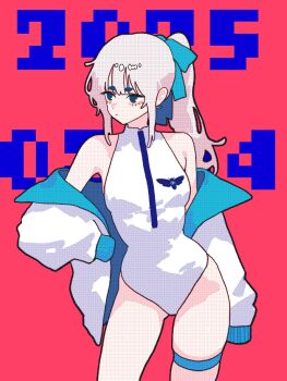 1girl blue_bow bow dated dithering hair_bow hashtag-only_commentary highres jacket looking_to_the_side minminmince off_shoulder one-piece_swimsuit open_clothes open_jacket original ponytail print_one-piece_swimsuit red_background sleeves_past_fingers sleeves_past_wrists solo standing swimsuit swimsuit_under_clothes white_hair white_jacket white_one-piece_swimsuit