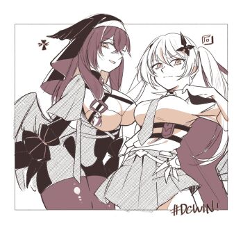 2girls armored_skirt black_coif black_dress black_romper black_shorts black_veil black_wings breasts capelet chest_harness choker cleavage collared_shirt cowboy_shot criss-cross_halter cross cross_hair_ornament dress earrings grey_capelet greyscale hair_between_eyes hair_ornament halterneck harness head_wings highres impossible_hair inverted_cross jewelry konkon_aria large_breasts long_hair long_sleeves looking_at_viewer monochrome multiple_girls necktie neo-porte nun pantyhose pleated_skirt pointy_breasts romper shirt shorts sidelocks skirt smile sooru0720 spiked_sleeves symbol-shaped_pupils tented_shirt tentei_forte tentei_forte_(2nd_costume) triangle_earrings twintails veil virtual_youtuber wings