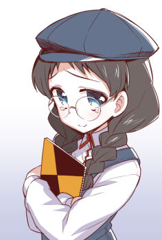 1girl black_hair blue_eyes blue_hat blue_vest braid comic_party commentary_request glasses gradient_background grey_background hat heebee holding holding_sketchbook looking_at_viewer round_eyewear sakurai_asahi shirt sketchbook smile solo twin_braids two-tone_background upper_body vest white_background white_shirt