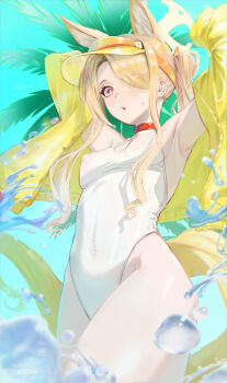 1girl absurdres animal_ear_fluff animal_ears arms_behind_head blonde_hair blue_archive breasts cherun clothing_cutout covered_navel cross_halo diamond_cutout fox_ears fox_girl fox_tail halo highleg highleg_one-piece_swimsuit highres jacket long_hair official_alternate_costume official_alternate_hairstyle one-piece_swimsuit orange_eyes palm_tree seia_(blue_archive) seia_(swimsuit)_(blue_archive) side_ponytail small_breasts solo swimsuit tail tree visor_cap white_one-piece_swimsuit yellow_halo yellow_jacket yellow_visor