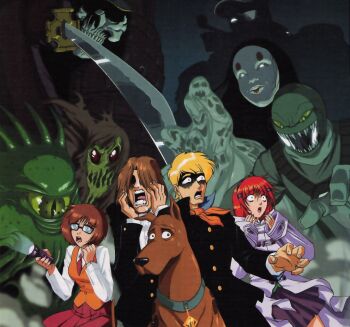 2boys 2girls alternate_costume ascot daphne_blake dog flashlight fred_jones glasses monster multiple_boys multiple_girls necktie scooby-doo scooby-doo_(character) shaggy_rogers velma_dinkley