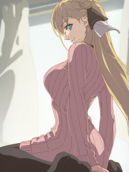 Rule 34 | agnes claudel, blonde hair, blue eyes, braid, braided bun, bun with braided base, chiharu (9654784), collared shrug, eiyuu densetsu, from side, hair bun, highres, kuro no kiseki (series), kuro no kiseki i, leggings, light smile, long hair, low-tied long hair, ribbed sweater, shrug (clothing), simple background, sitting, sweater