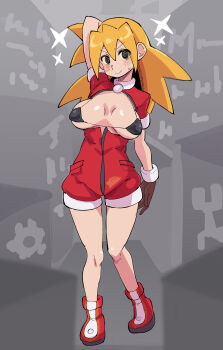 1girl absurdres bikini black_bikini black_eyes blonde_hair bodysuit boots breasts breasts_out buzzlyears full_body grey_background highres large_breasts long_hair mega_man_(series) mega_man_legends_(series) open_bodysuit open_clothes red_bodysuit red_boots ringed_eyes roll_caskett_(mega_man) simple_background solo standing swimsuit