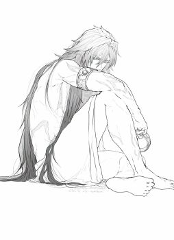 1boy arm_tattoo armlet barefoot chest_tattoo commentary_request facial_tattoo greyscale highres honkai:_star_rail honkai_(series) jewelry leg_tattoo long_hair male_focus monochrome mydei_(honkai:_star_rail) simple_background solo tattoo towel towel_around_waist twitter_username very_long_hair watermark white_background yano_kaku02